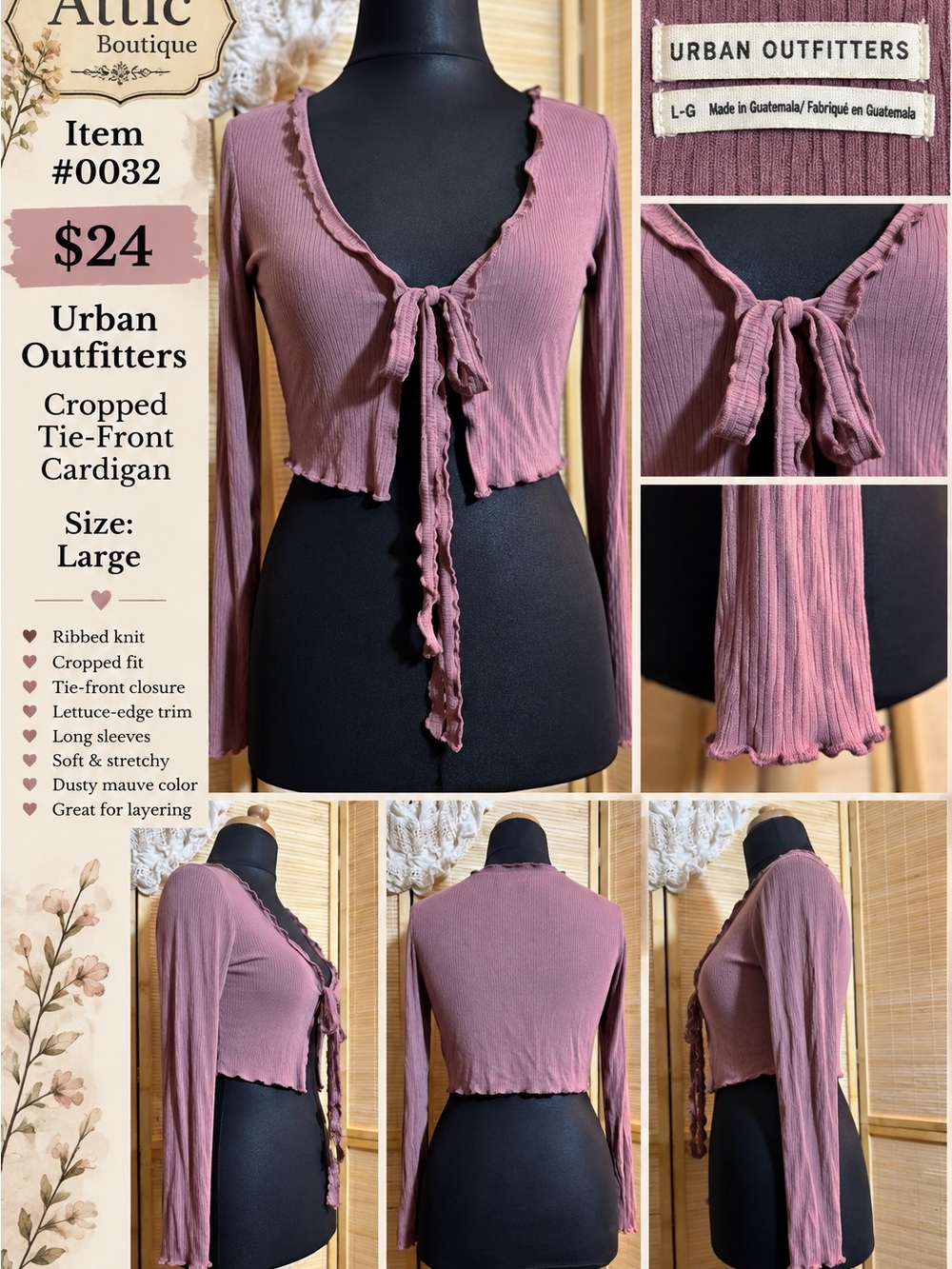 Urban Outfitters Dusty Mauve Cropped Tie-Front Cardigan